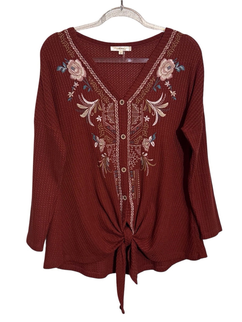Andree Small Burnt Orange Floral Embroidered Waffle Knit Top Front Tie Boho